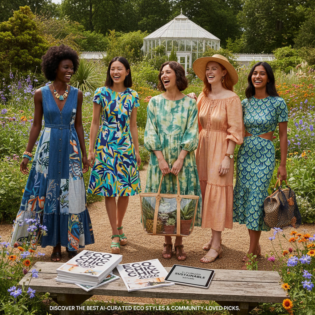 alt_text: Diverse women in vibrant, eco-friendly summer dresses pose outdoors, celebrating modern, inclusive fashion.