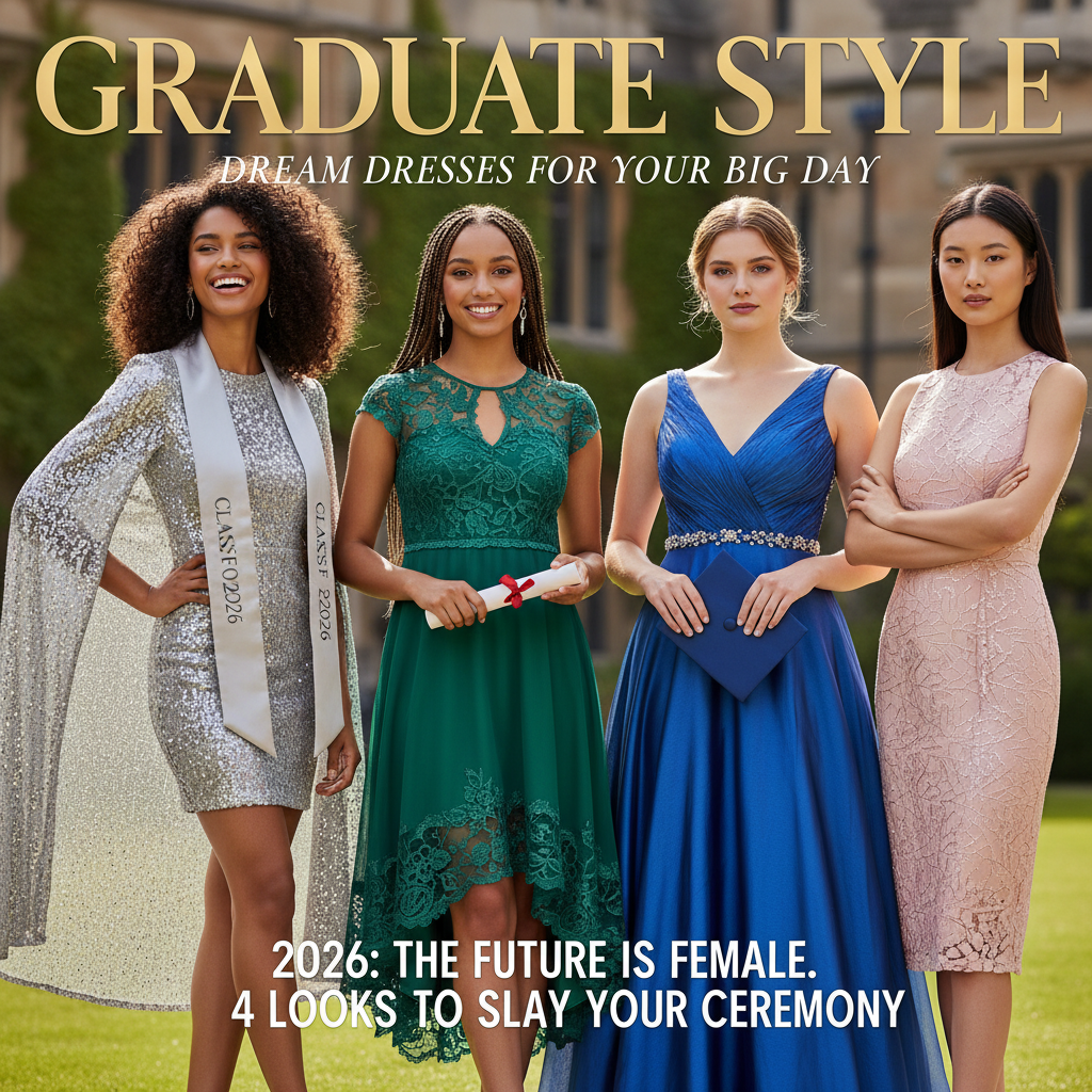 alt_text: Four stylish graduates in diverse 2026 dresses pose confidently on a sunlit, elegant campus.
