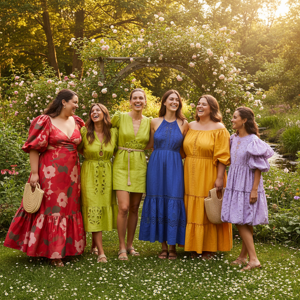 alt_text: Diverse women in trendy, eco-friendly summer dresses enjoy a sunny outdoor scene full of greenery.