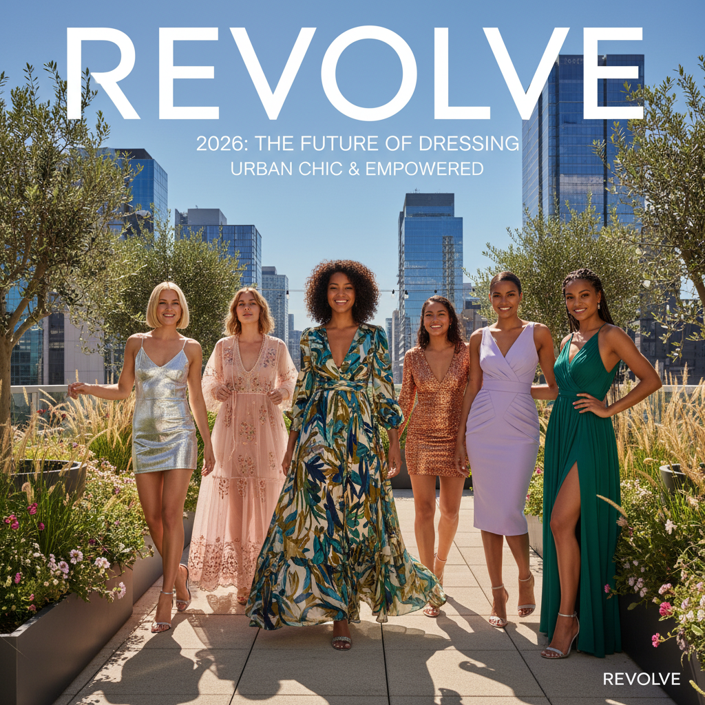 Diverse women in stylish Revolve dresses pose on a chic city rooftop, showcasing 2026 fashion trends.
