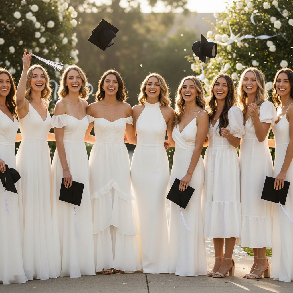 alt_text: Diverse young women in stylish white dresses celebrate graduation outdoors in a cheerful, sunny scene.