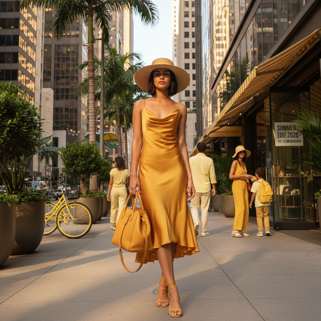 alt_text: A stylish woman in a yellow dress poses on a sunlit city street amid chic, trendy summer fashion.