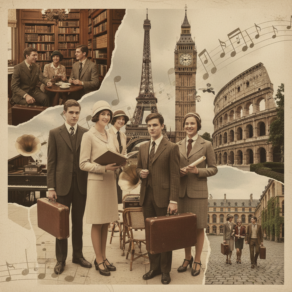 alt_text Vintage-styled students explore global landmarks and cafés, surrounded by music and academic elegance.