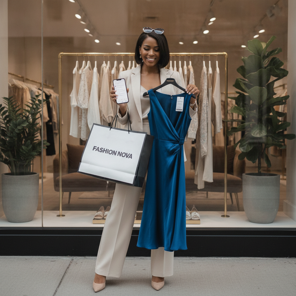 Confident woman with Fashion Nova bag returns item at chic boutique, enjoying an easy online return.