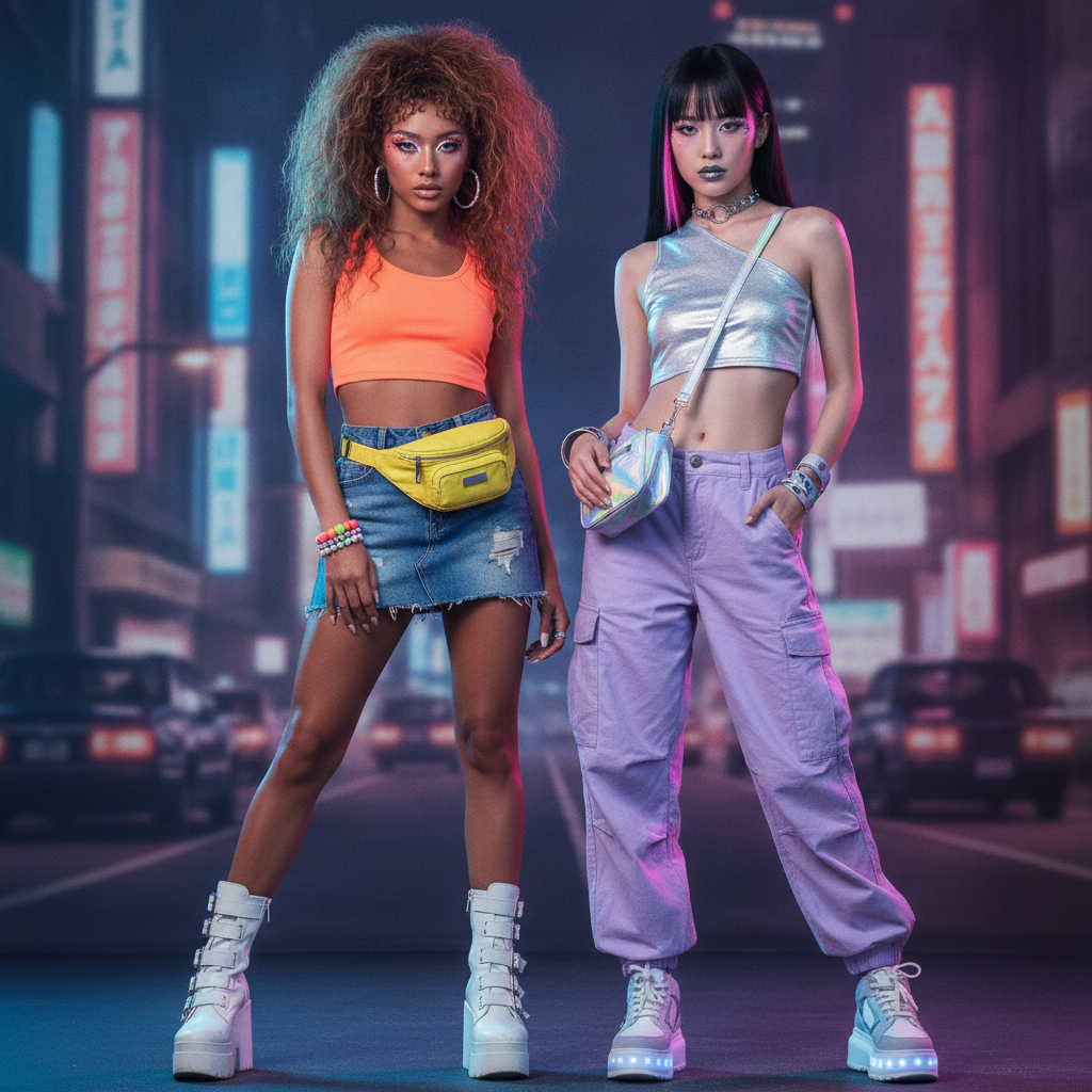 Two Japanese models showcase classic and futuristic Neo Gyaru fashion.