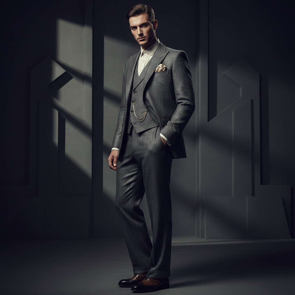 Handsome male model in a futuristic 1920s tweed suit for a high-fashion editorial cover.