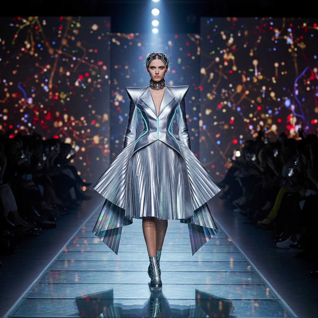 High-fashion model in metallic 2026 haute couture on a dramatic, glowing futuristic runway.