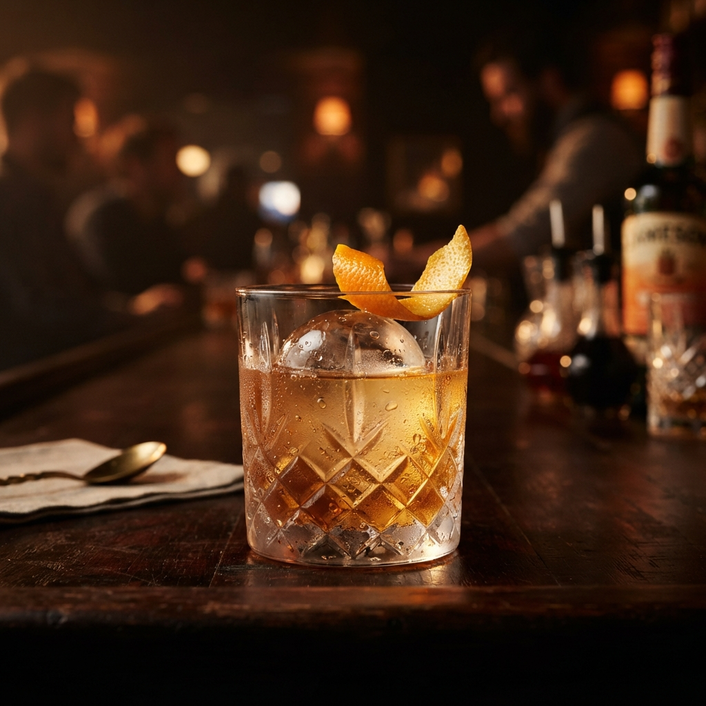 A Jameson Orange Old Fashioned cocktail in a crystal glass with ice and an orange peel