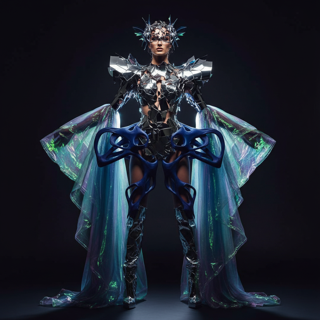 Model in futuristic avant-garde haute couture with liquid chrome and iridescent fabrics.