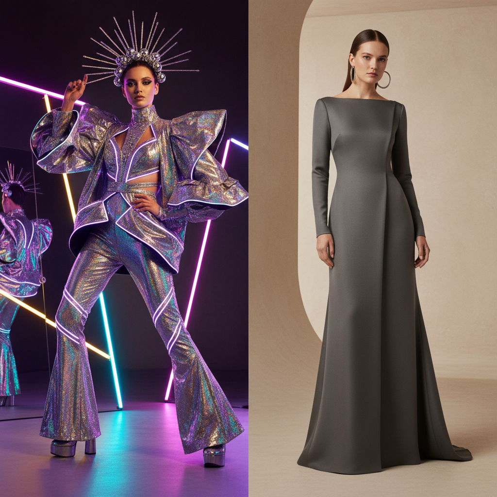 Two models in split-lit studio: one in neon disco fashion, one minimalist.
