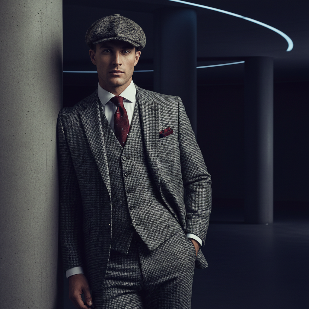 Handsome model in 1920s houndstooth suit and flat cap, blending vintage elegance with modern style.