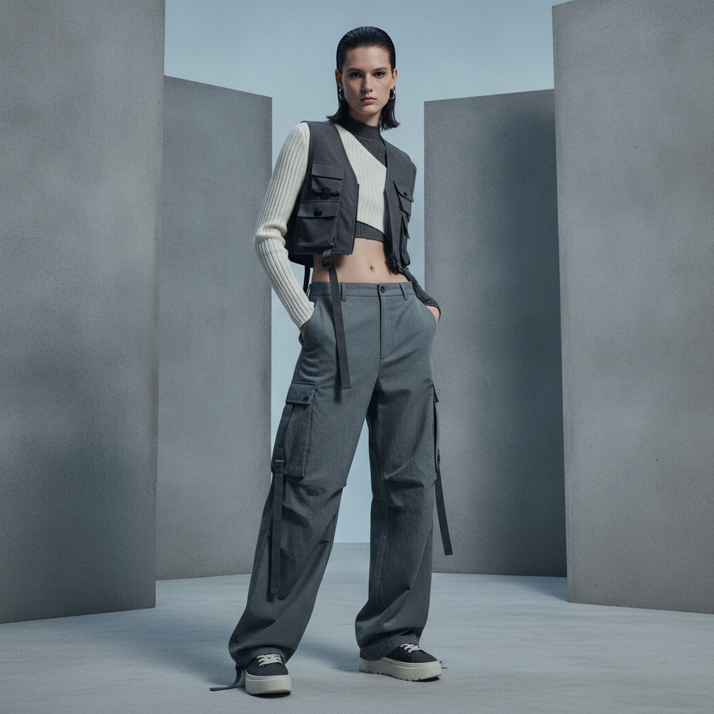 Model in muted Acubi layered outfit, micro-vest, and cargo pants in a concrete studio.