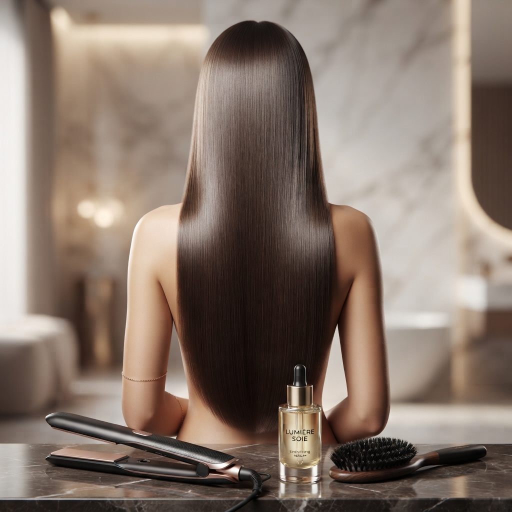 Back view of a woman with glossy straight hair, premium hair products, and styling tools.