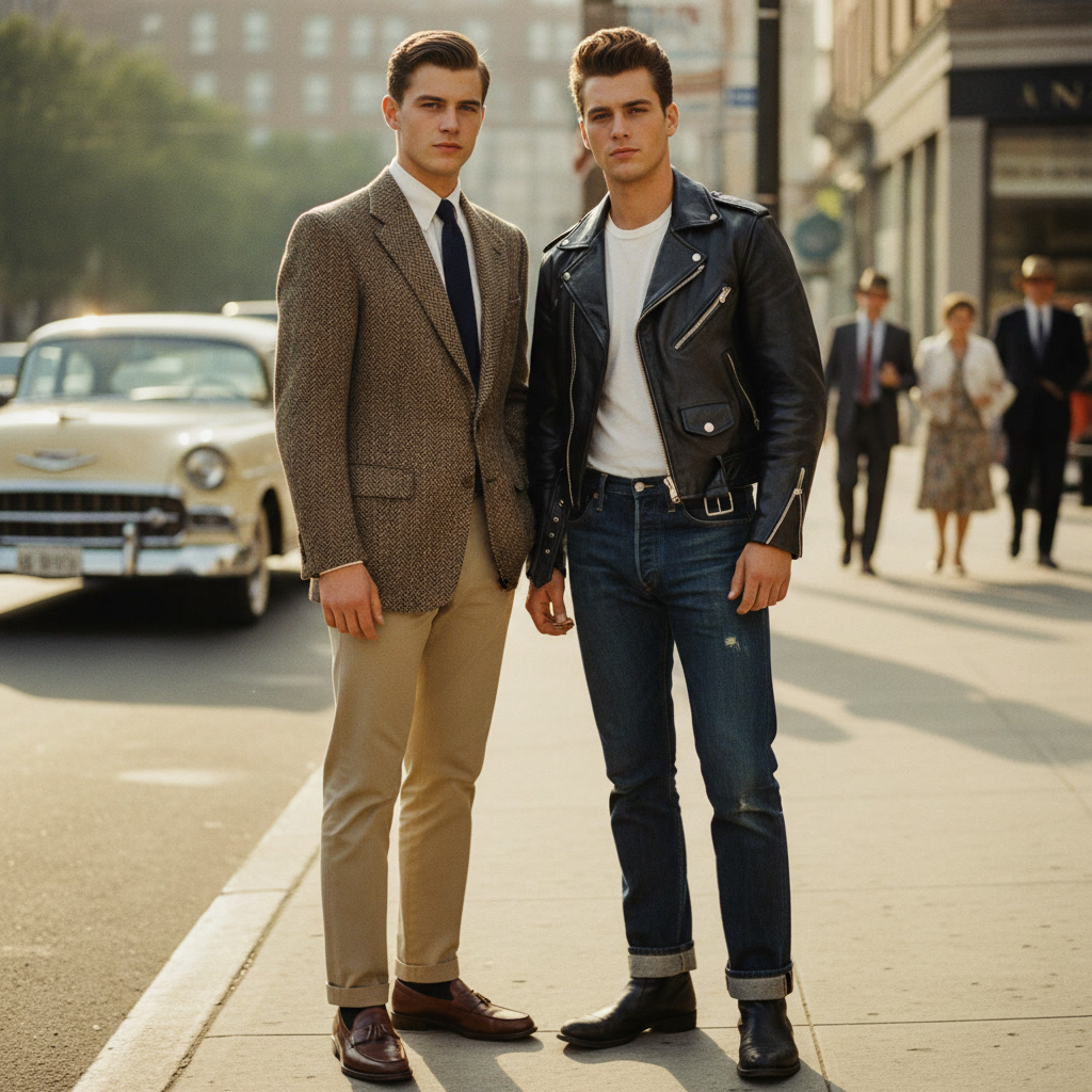 1950s fashion contrast: an Ivy League student and a Greaser on a retro street.