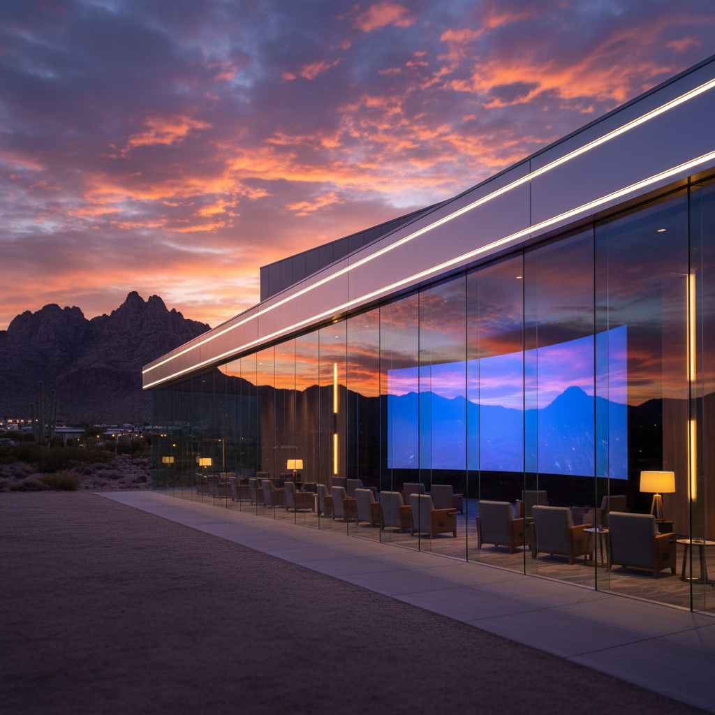 Modern luxury movie theater glowing at Arizona sunset.