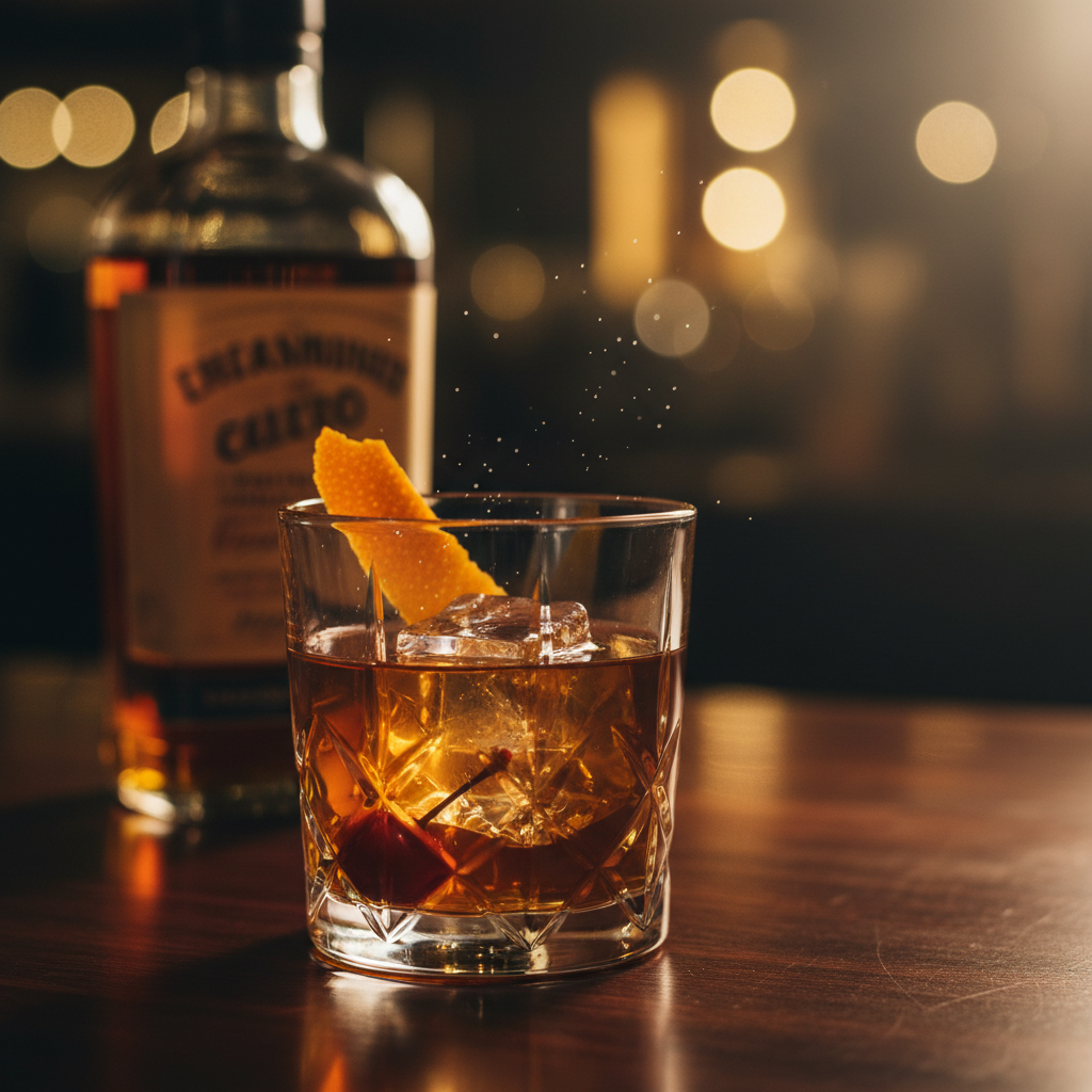 A luxurious Old Fashioned cocktail with an orange twist on a dark mahogany bar.