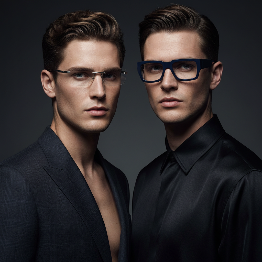 Two male models showcase 2026 eyewear trends: sleek rimless and bold geometric glasses.