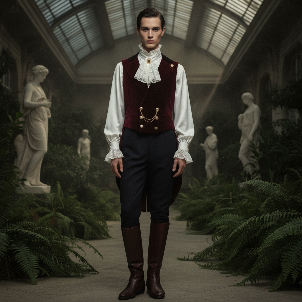 Androgynous model in Victorian Ouji fashion posing in a lush, moody classical conservatory.