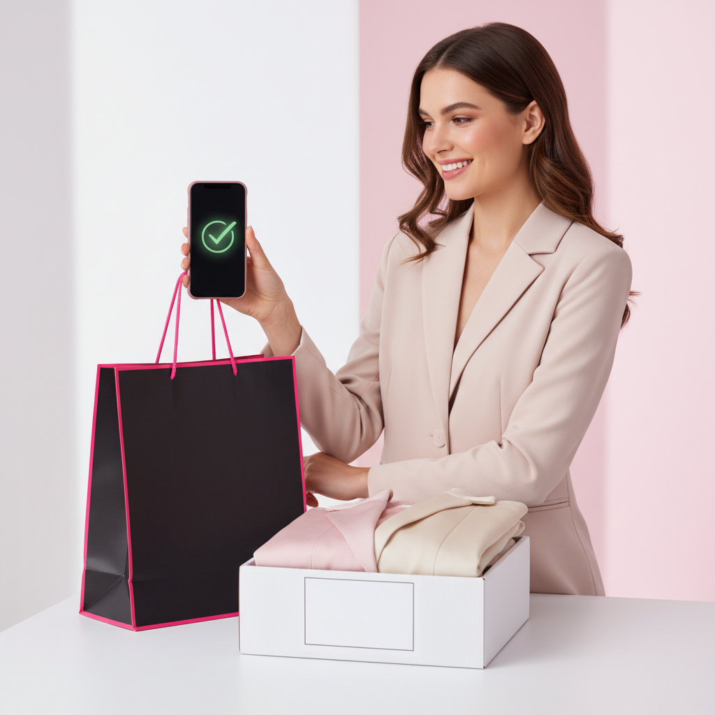 Fashion model smiling at phone with shopping bag and clothing return box.